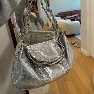 Roberto Cavalli Silver Snakeskin Hobo Shoulder Bag